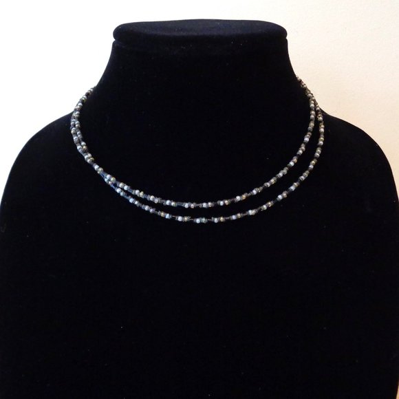 Vintage Beaded Double Layer Strand Necklaces 2 PC Set Black & Blue Beads - Picture 2 of 7
